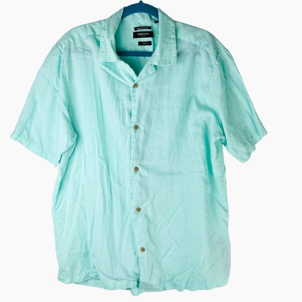 Kenneth Cole Men's Linen Shirt XL Mint Green Short Sleeve Button Down